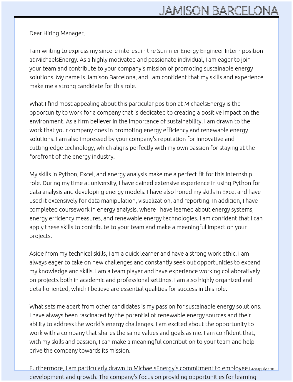 Summer Energy Engineer Intern At MichaelsEnergy Cover Letter
