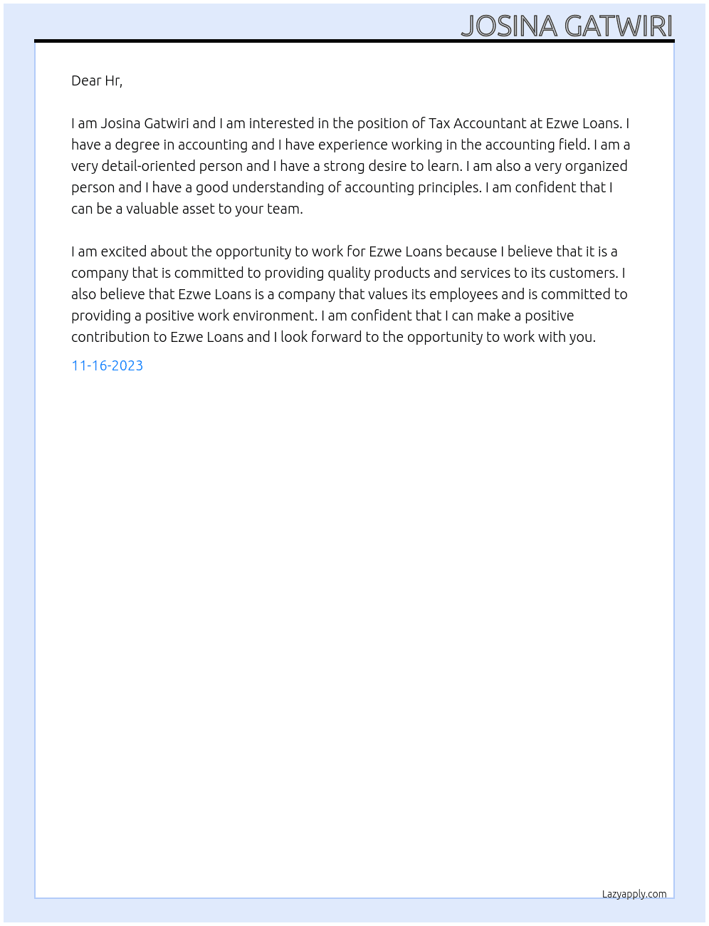 Tax Accountant At Ezwe loans Cover Letter
