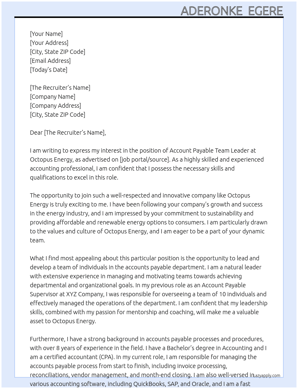Account Payable Team Leader At Octopus Energy Cover Letter