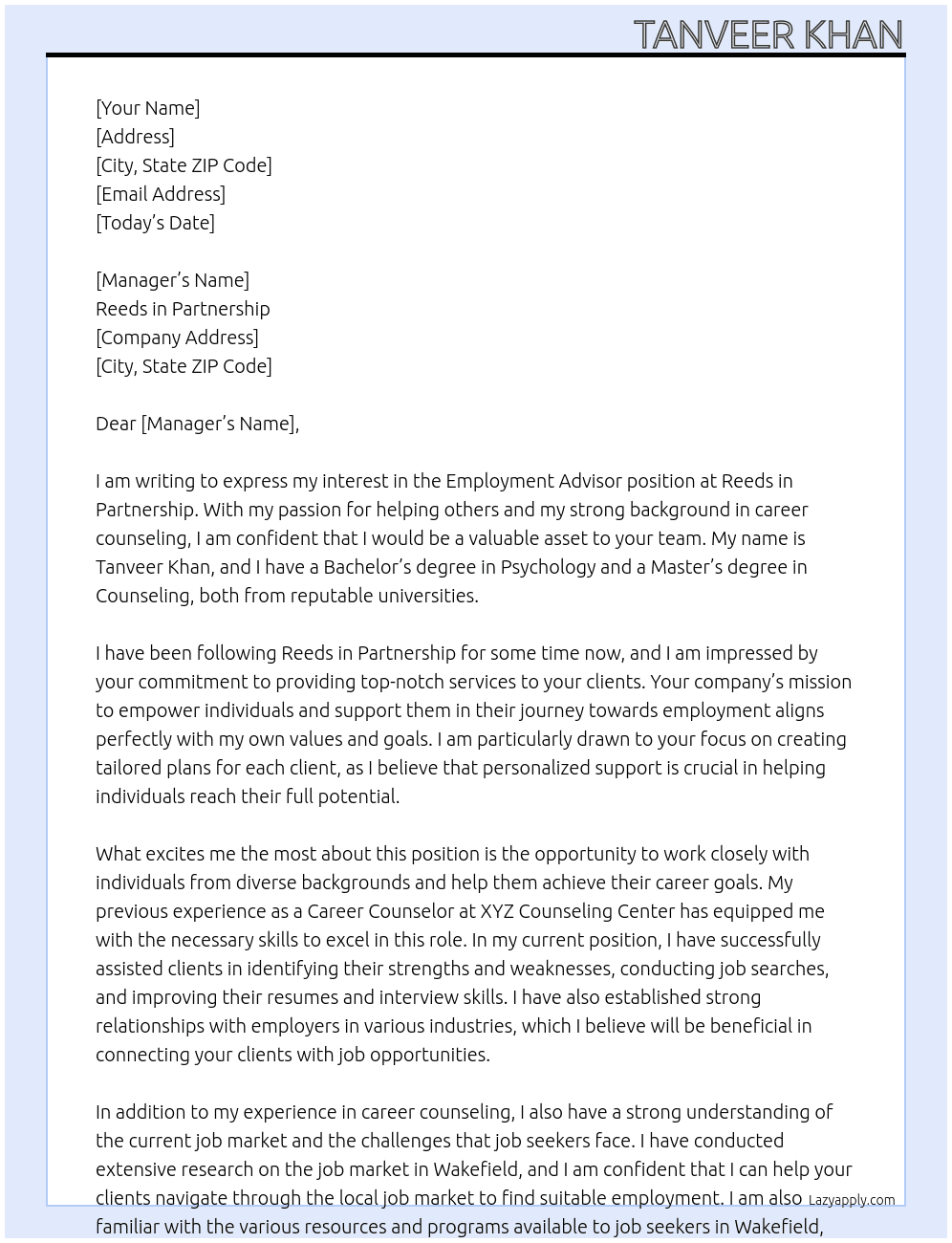 Employment advisor  At Reeds in Partnership Cover Letter