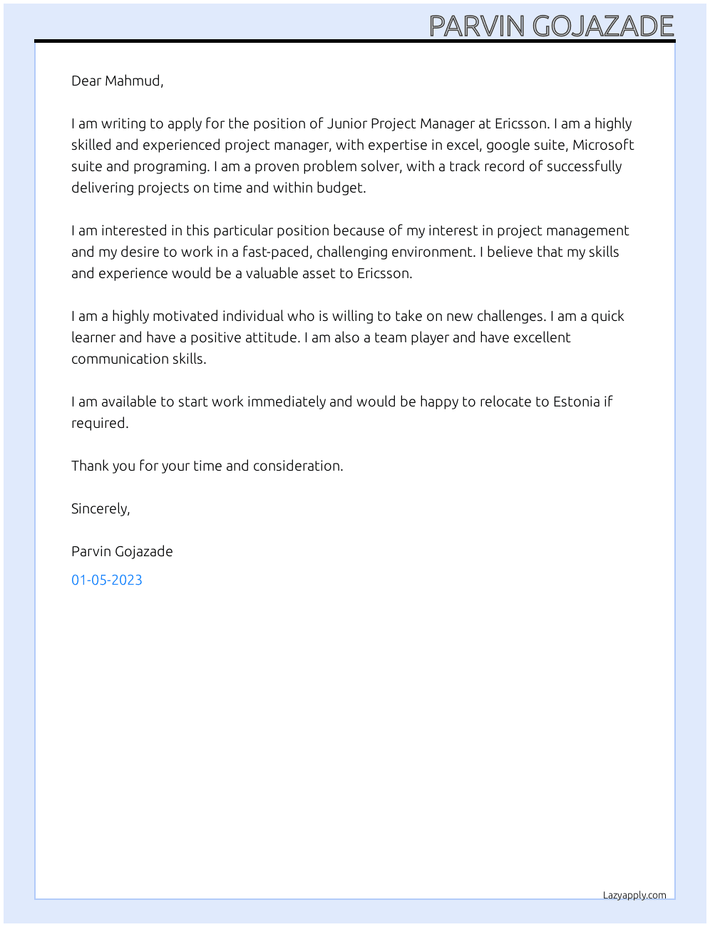 Junior Project Manager At Ericsson  Cover Letter