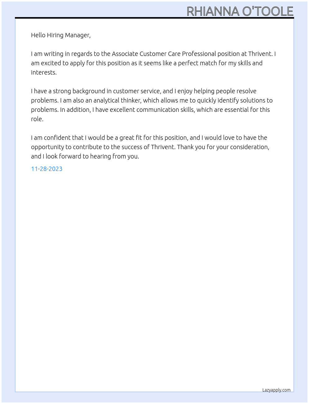 Associate Customer Care Professional At Thrivent Cover Letter