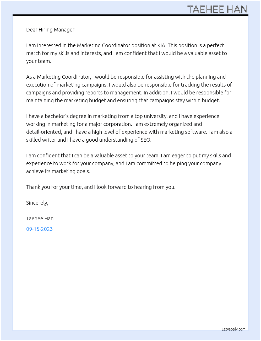 Marketing Coordinator At KIA Cover Letter