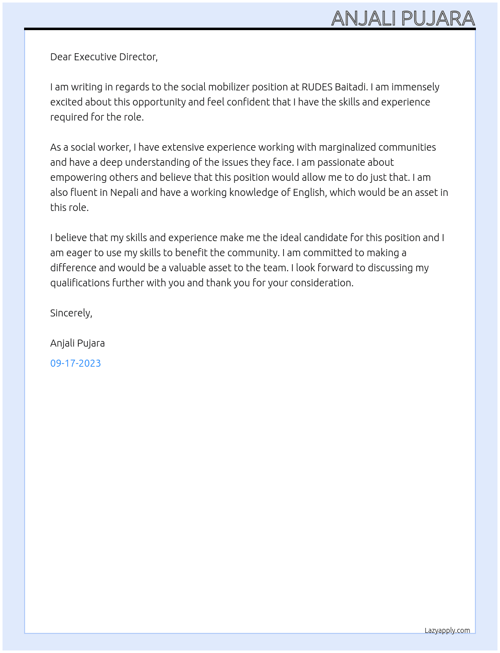 Social mobilizer At RUDES Baitadi Cover Letter