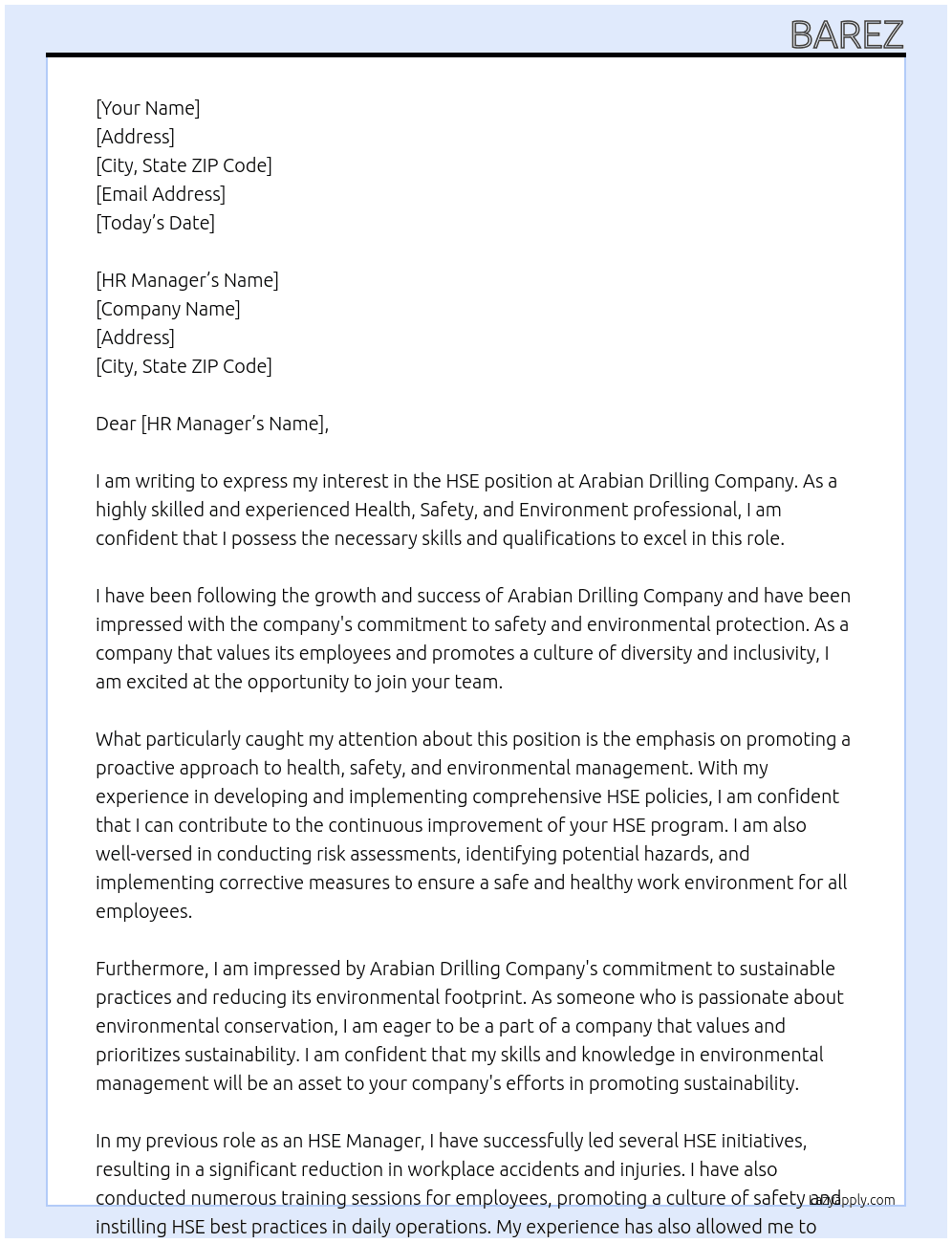 HSE At Arabian Drilling Company Cover Letter