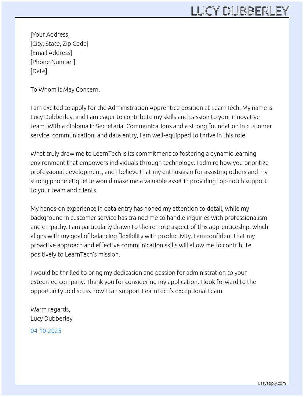 Cover letter for administration apprentice - LazyApply