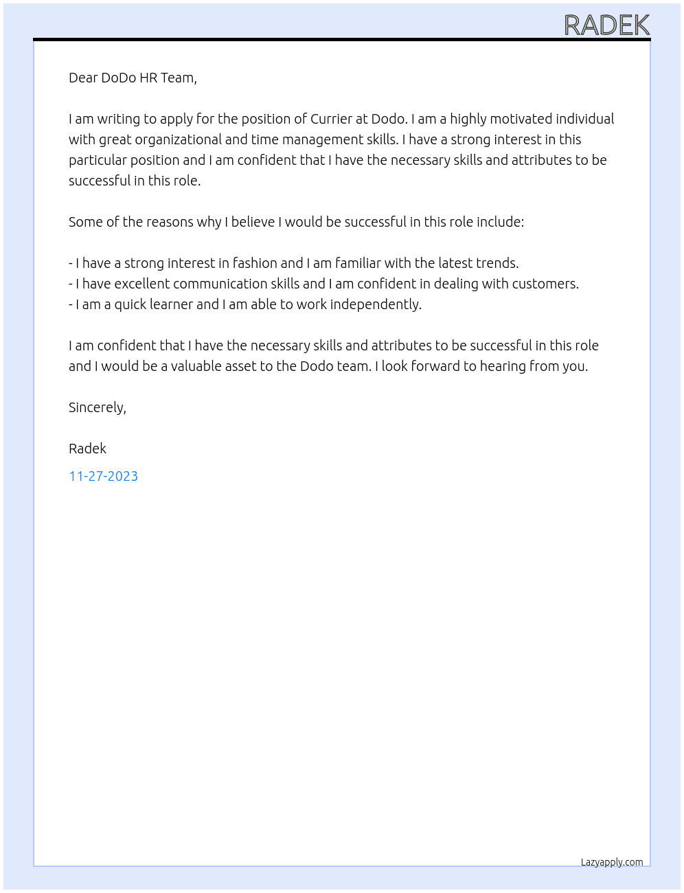 Currier  At Dodo Cover Letter