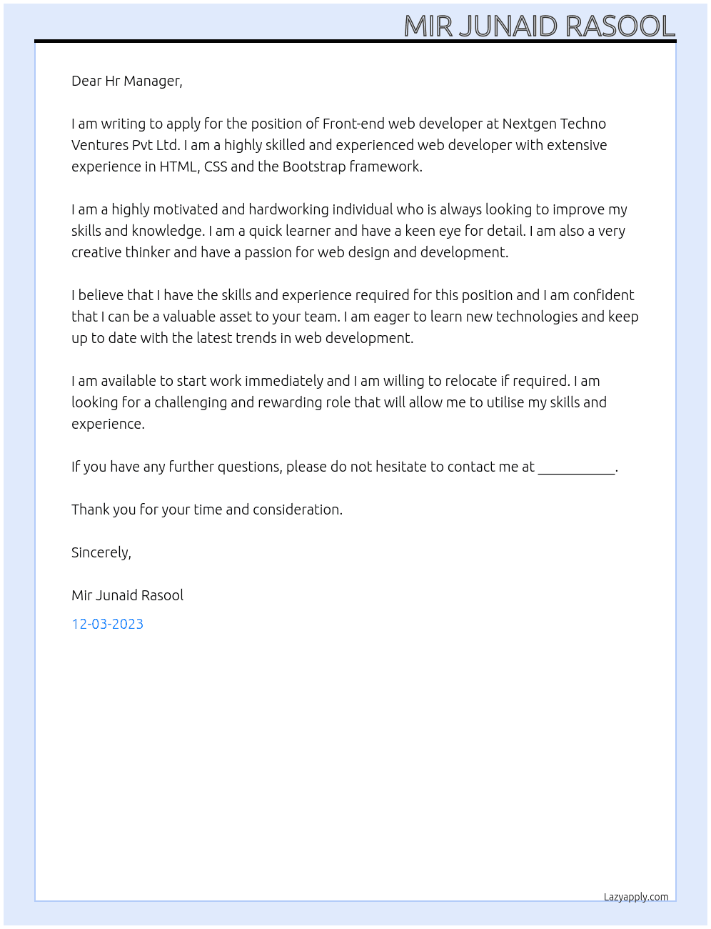 Front-end web development At Nextgen Techno Ventures Pvt Ltd Cover Letter