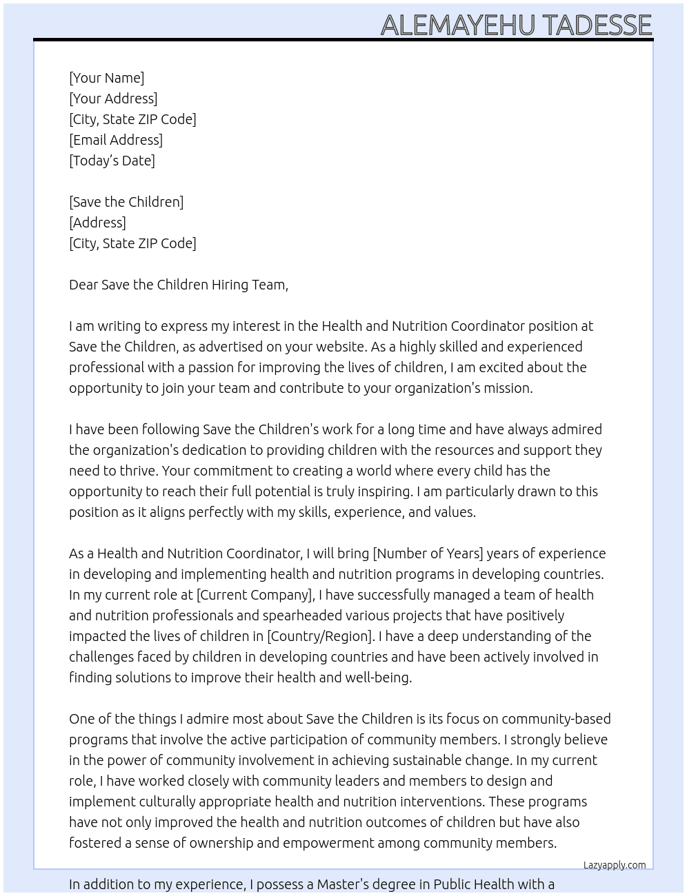 Health and Nutrition Coordinator At Save the children Cover Letter