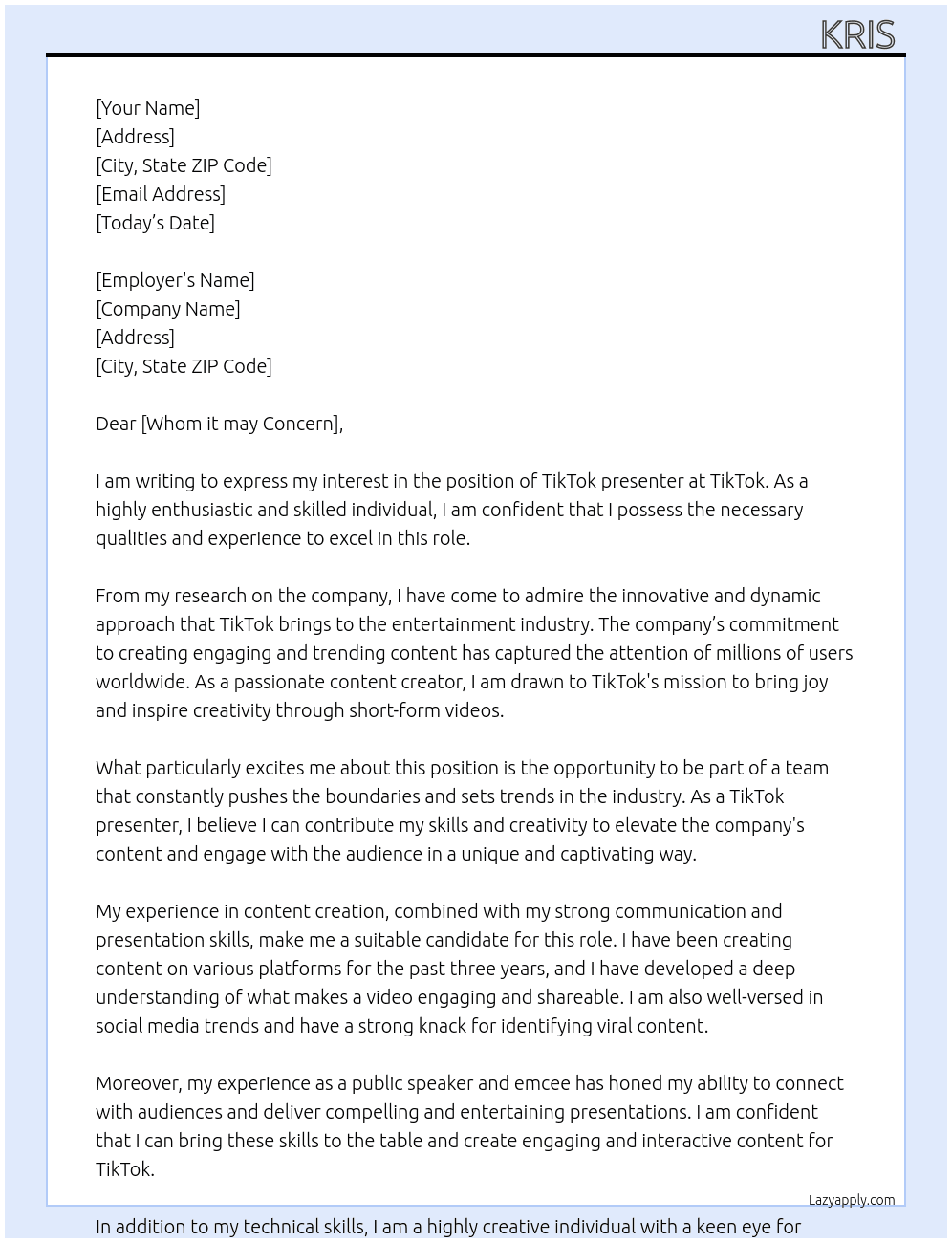 TikTok presenter  At TikTok  Cover Letter