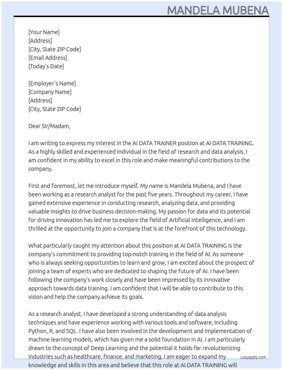 AI DATA TRAINER At AI DATA TRAINING Cover Letter