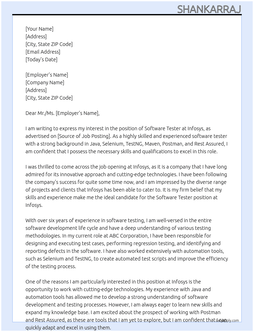 software tester At Infosys  Cover Letter