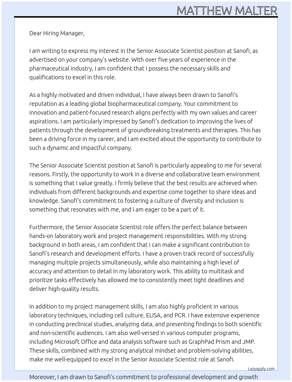 Senior Associate Scientist At Sanofi Cover Letter