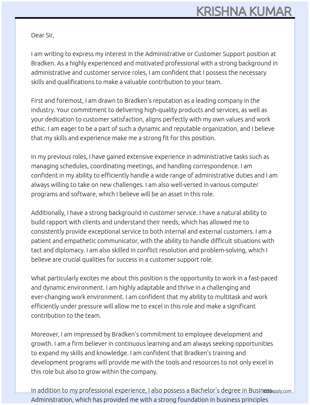 Administrative or Customer support  At Bradken Cover Letter