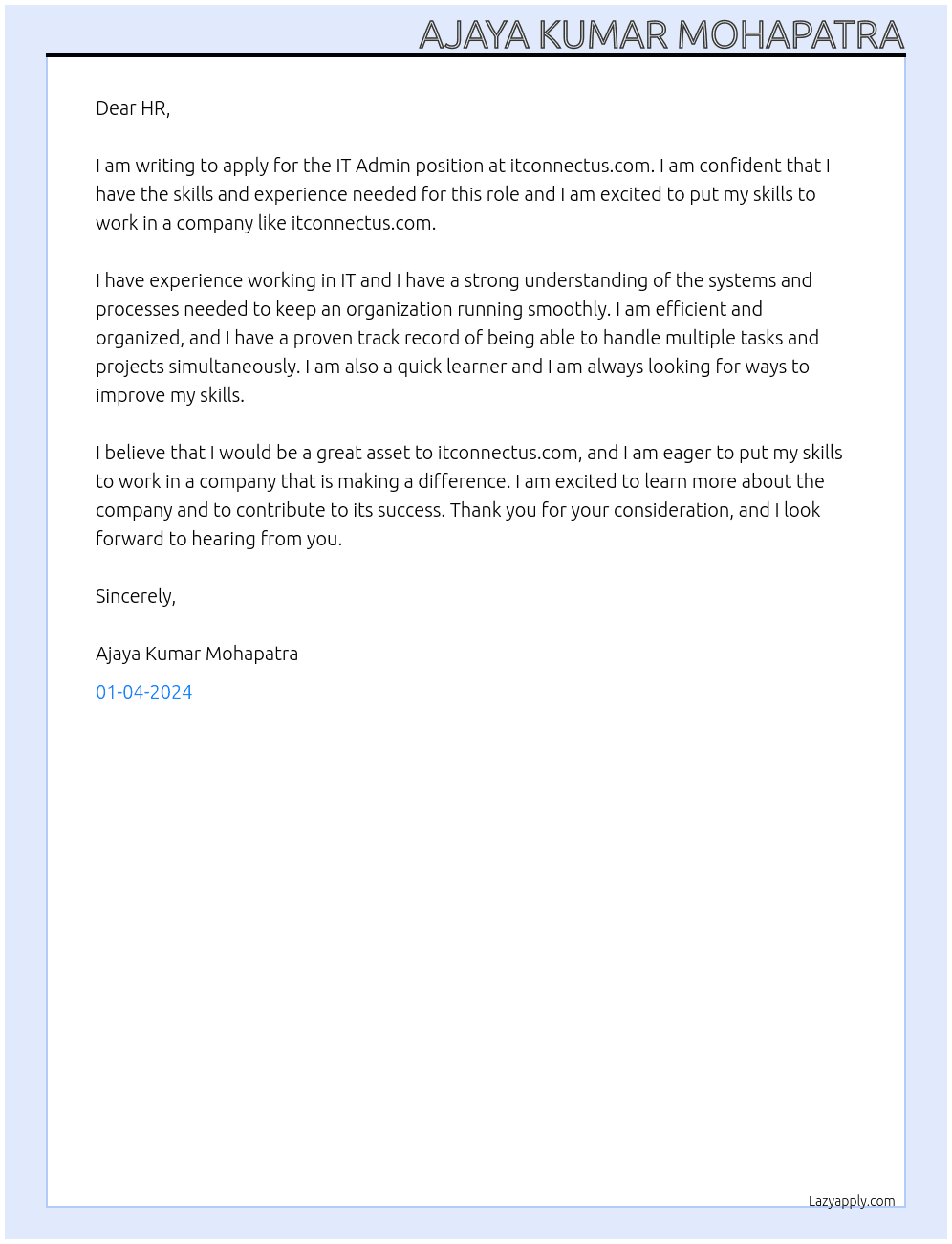 IT Admin At itconnectus.com Cover Letter