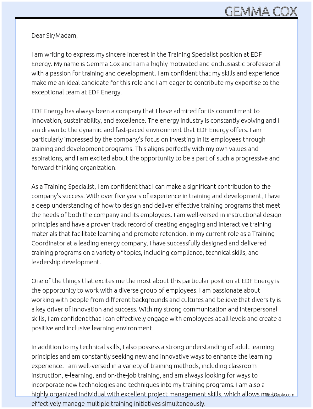 Training specialist At EDF Energy Cover Letter