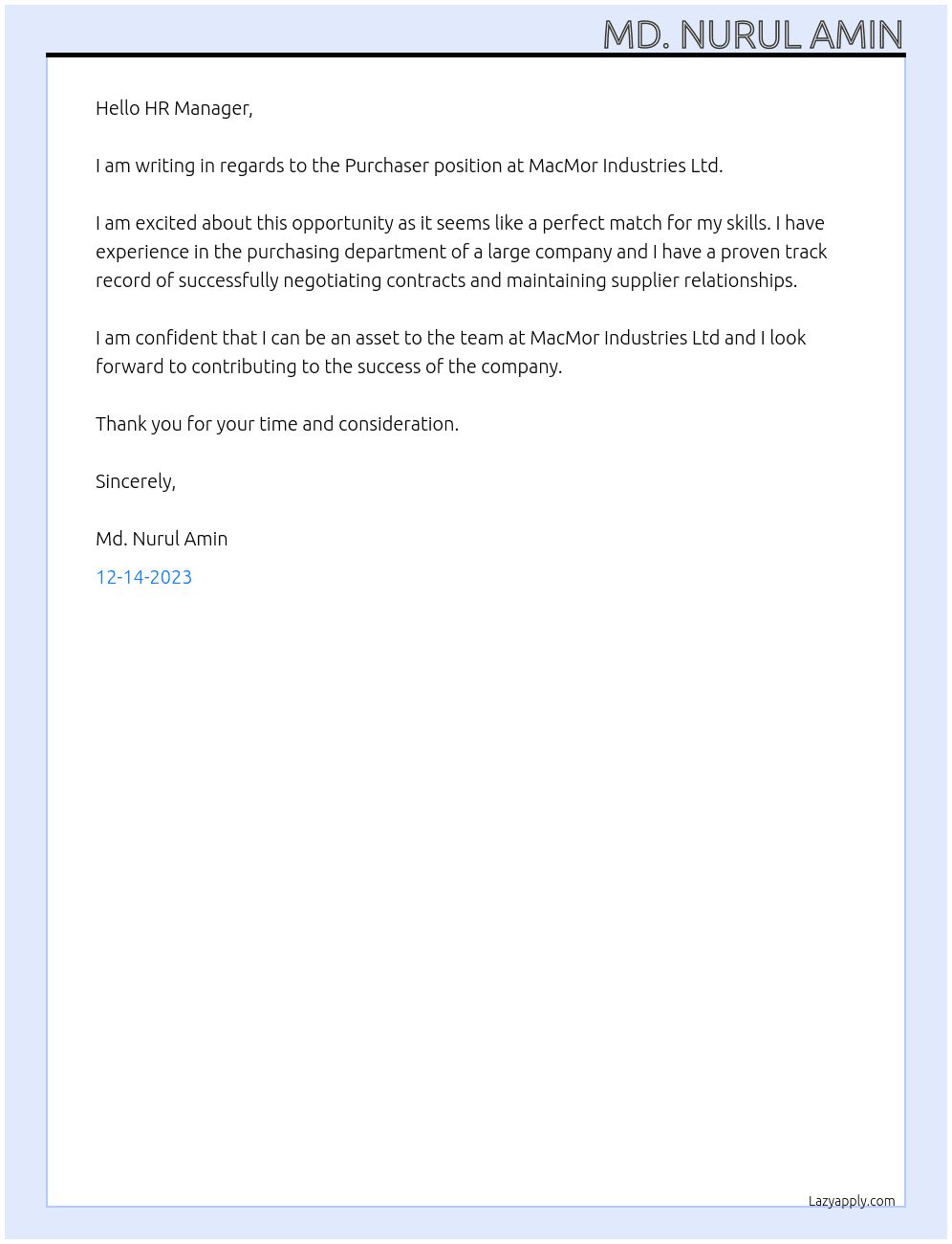 Purchaser At MacMor Industries Ltd Cover Letter