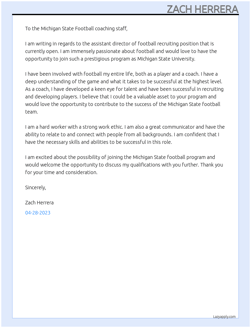 Assistant Director of Football recruiting At Michigan State University  Cover Letter