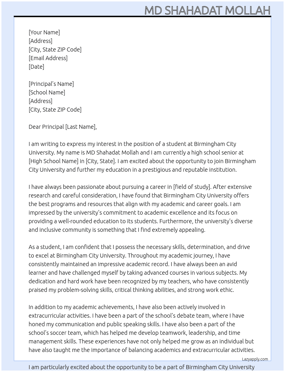 Student  At Birmingham city University  Cover Letter
