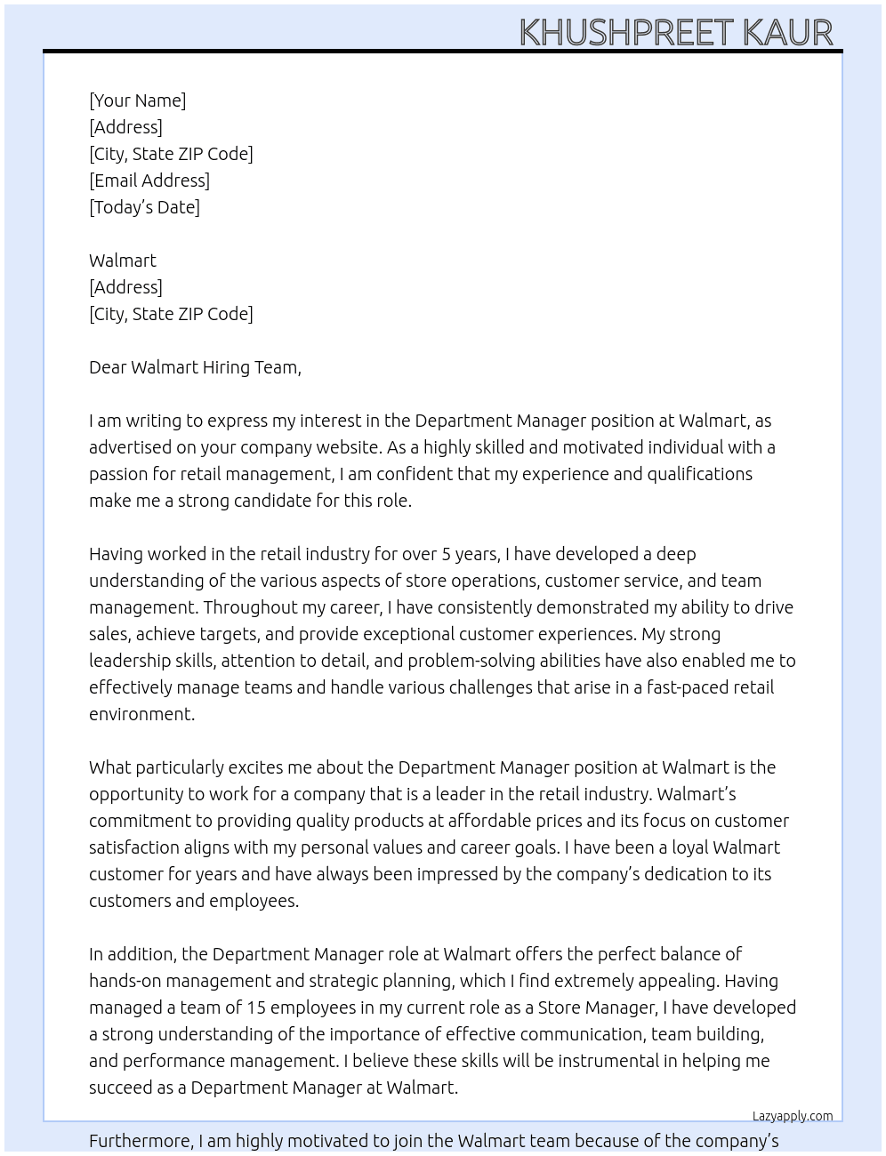 Department manager At Walmart Cover Letter