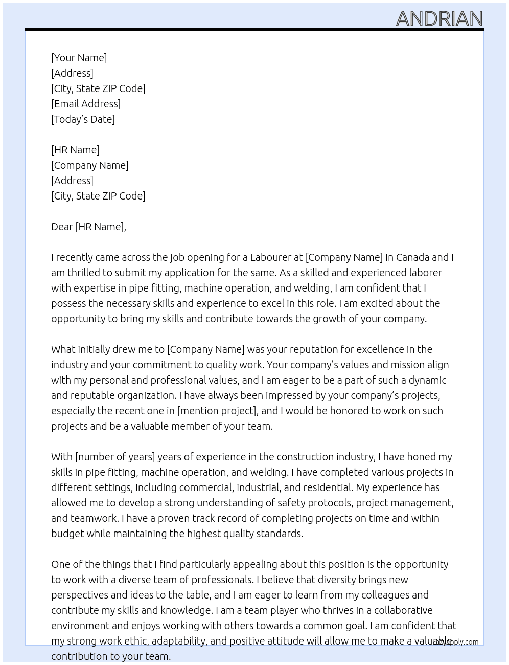 Labourer At Canada Cover Letter