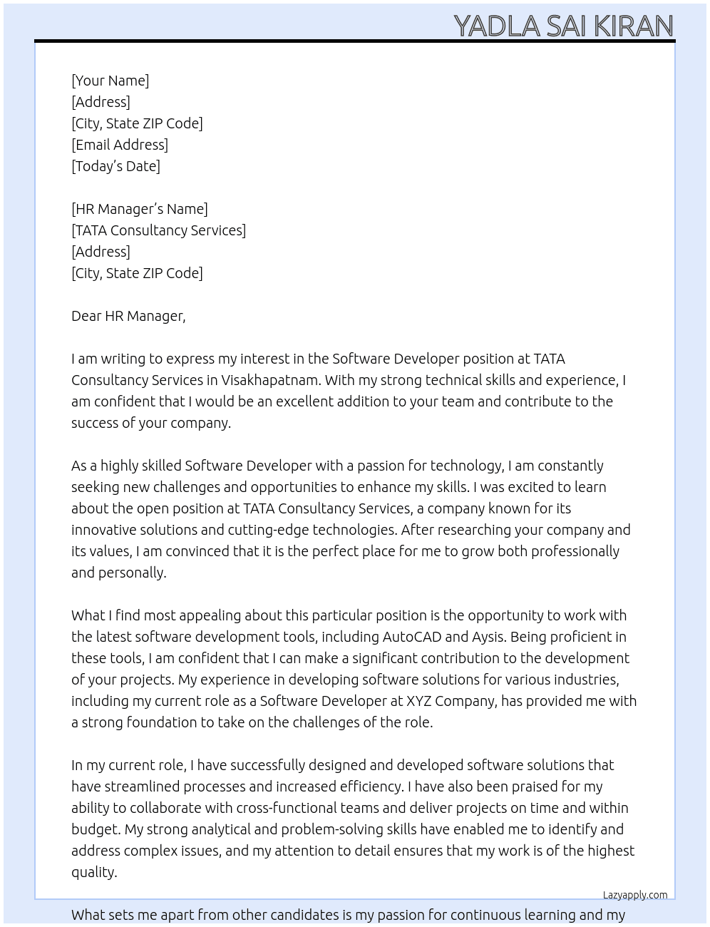 Soft ware develepore At TATA CONSULTY SERVICE Cover Letter