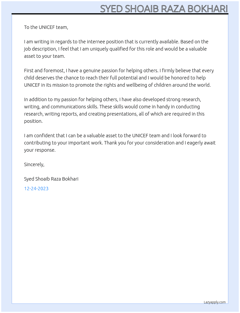 internee At UNICEF Cover Letter