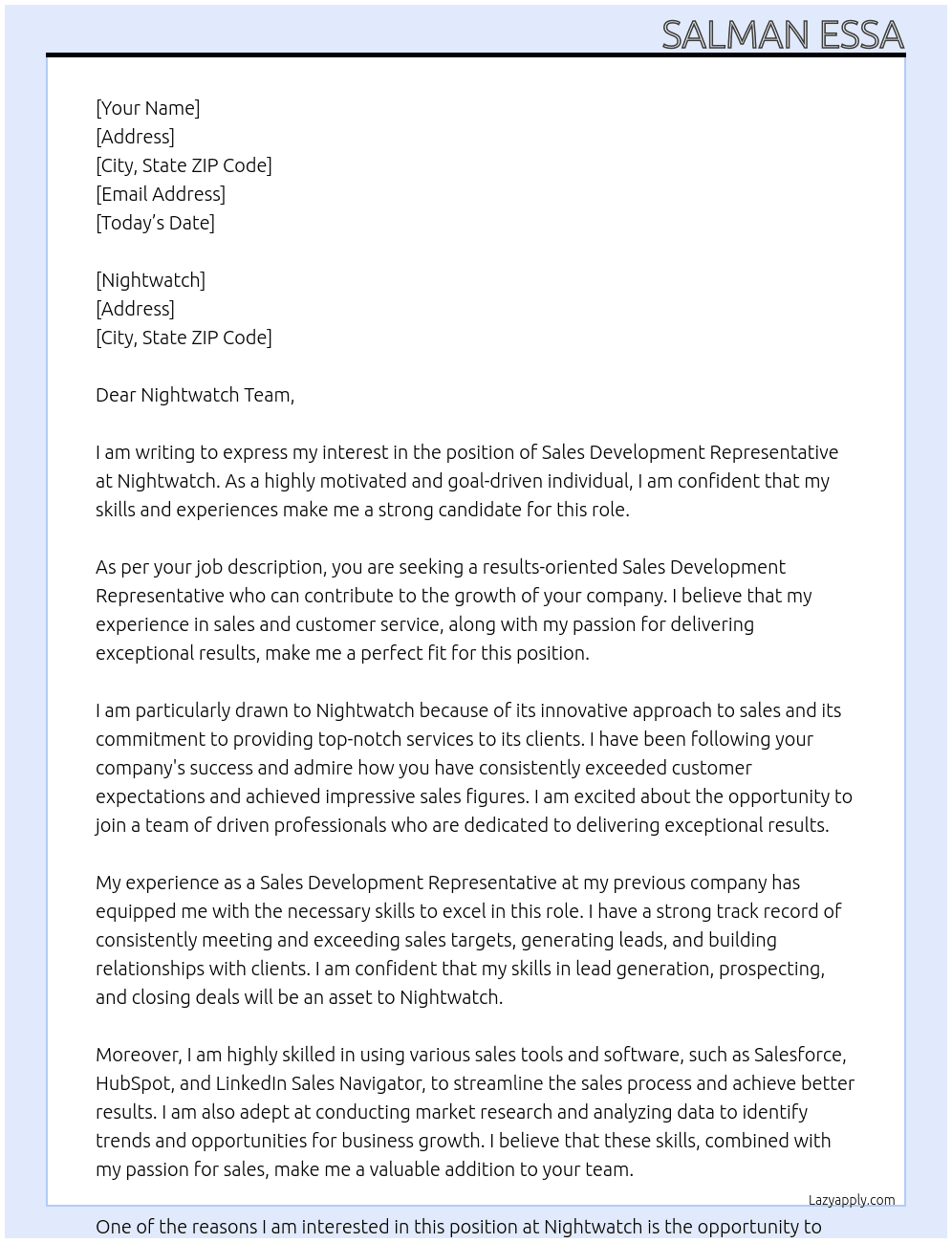 sales development representative At Nightwatch Cover Letter