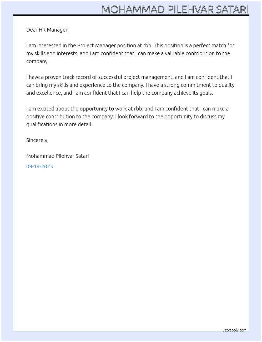 Project Manager At rbb Cover Letter