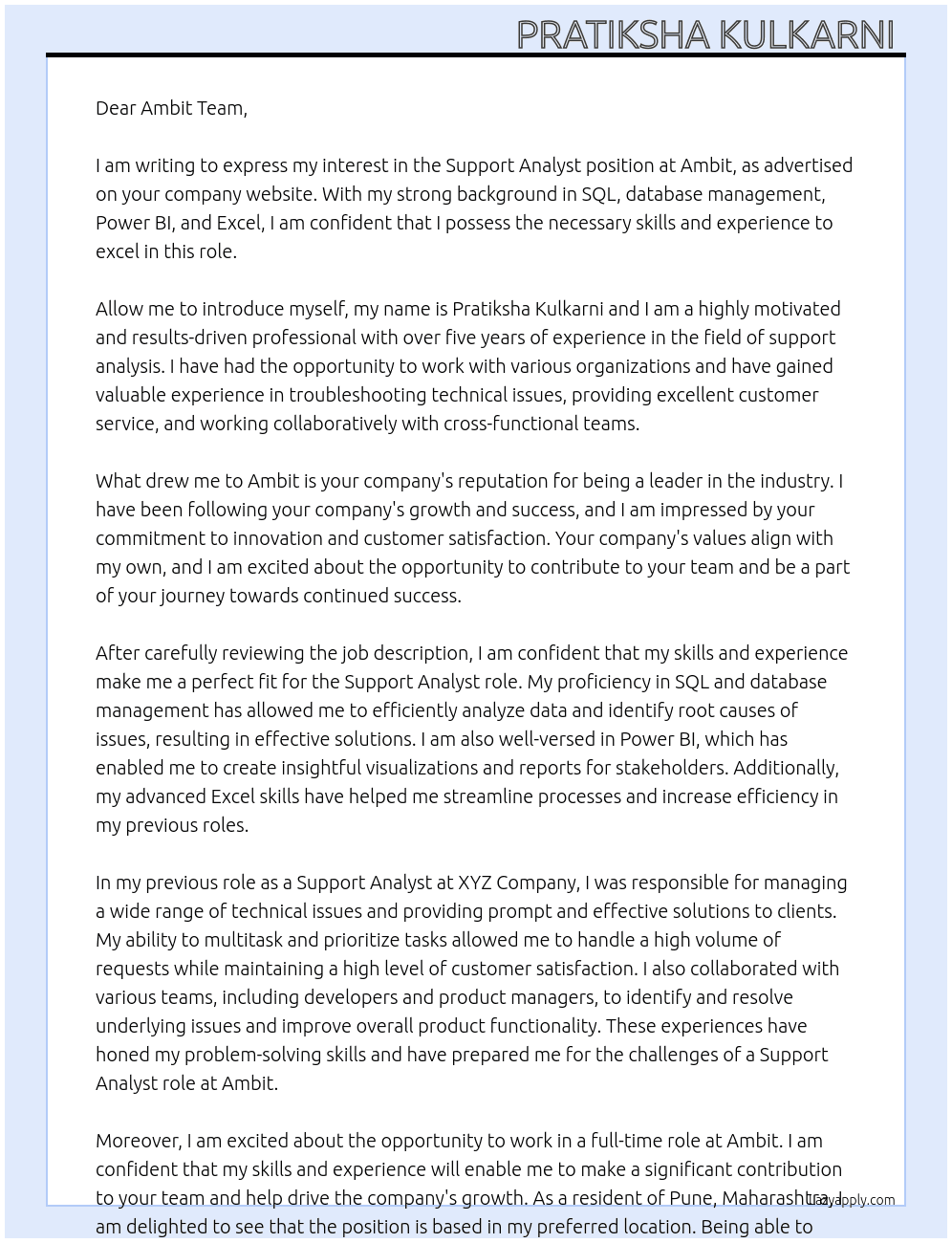 Support analyst  At Ambit Cover Letter