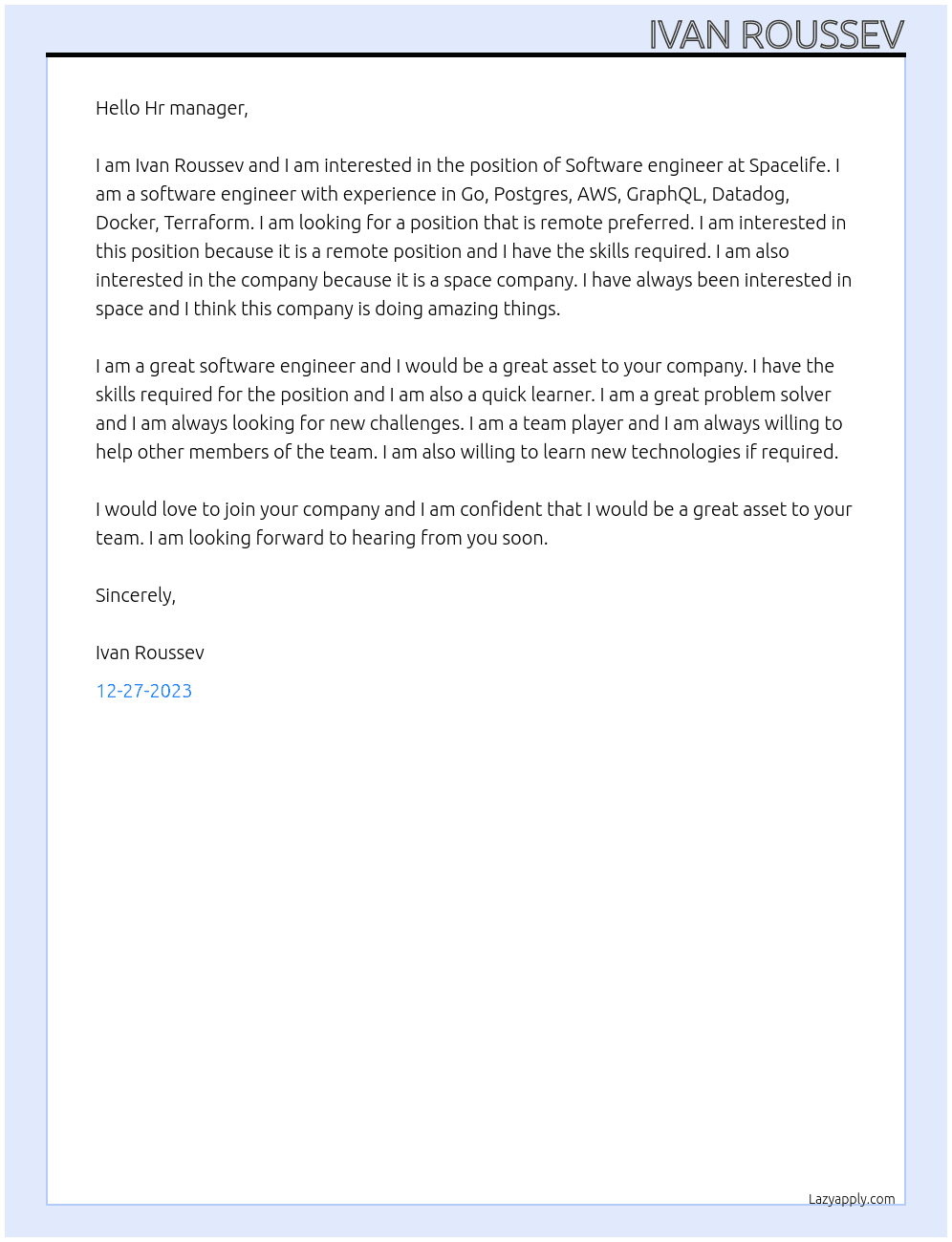 Software engineer At Spacelife Cover Letter