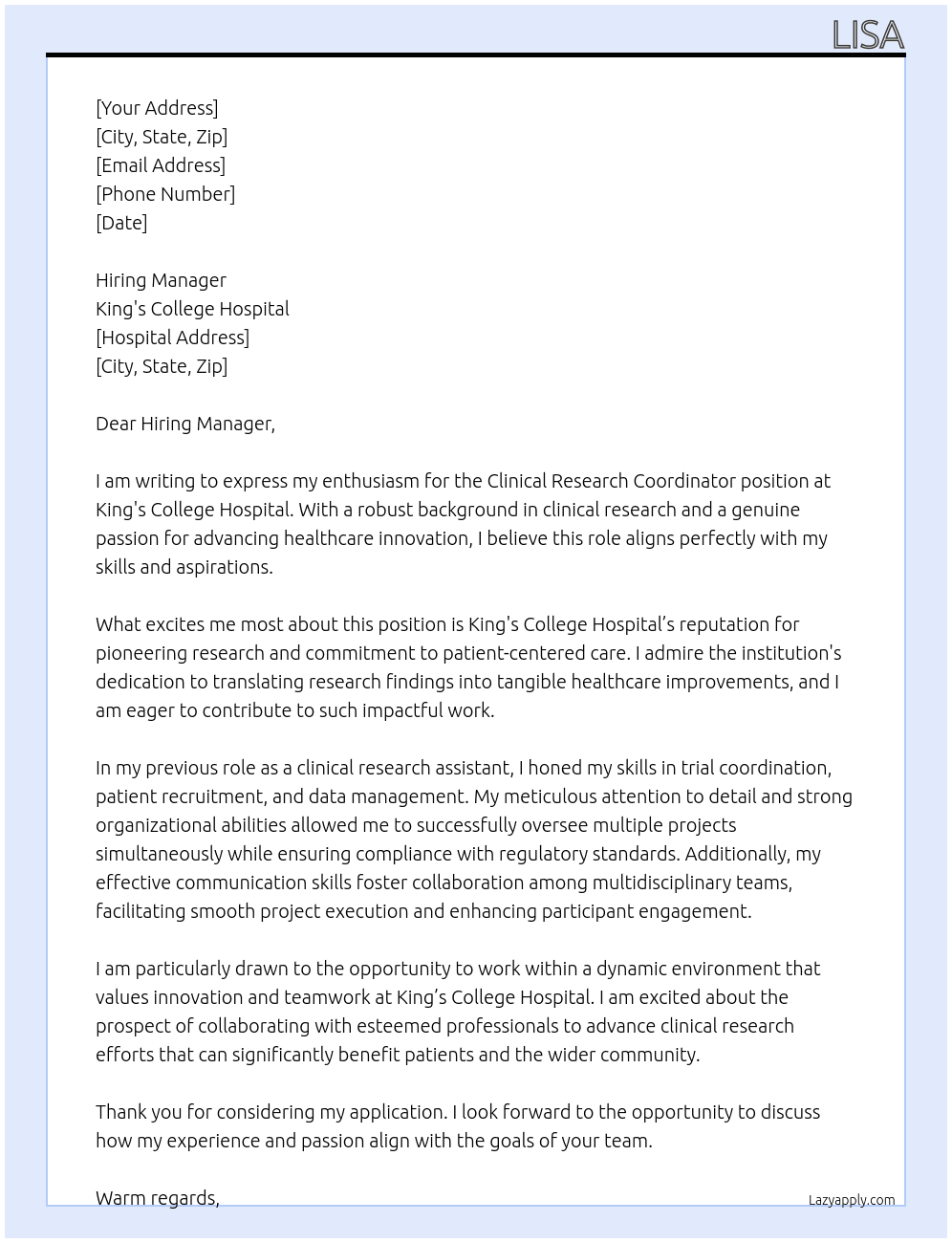 clinical research coordinator At kings college hospital Cover Letter