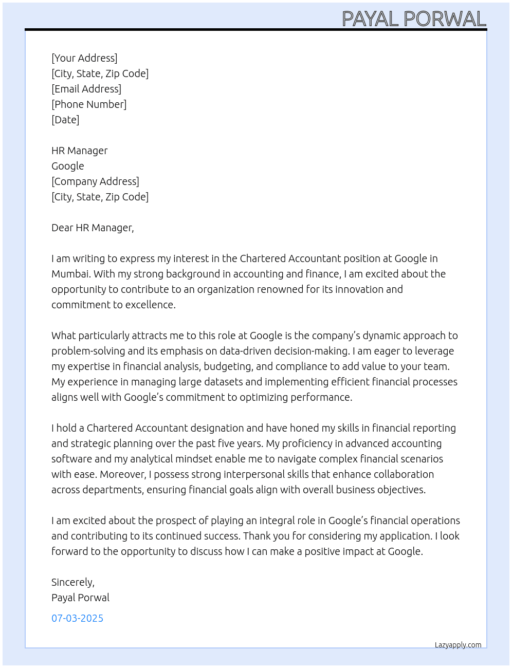 Chartered Accountant At Google Cover Letter