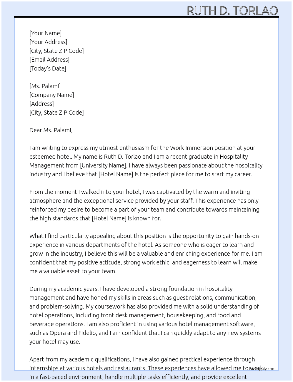 Work Immersion At Hotel  Cover Letter