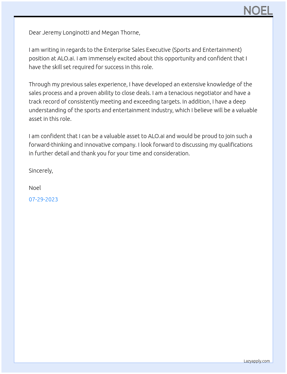 Enterprise Sales Executive (Sports and Entertainment) At ALO.ai Cover Letter