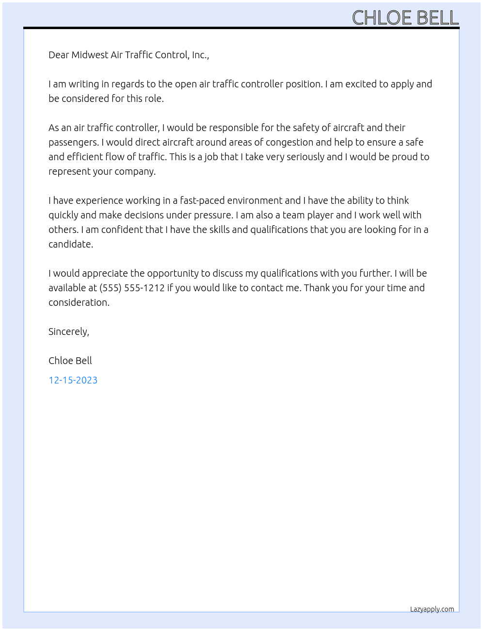 air traffic controller At midwest air traffic controll, inc.  Cover Letter