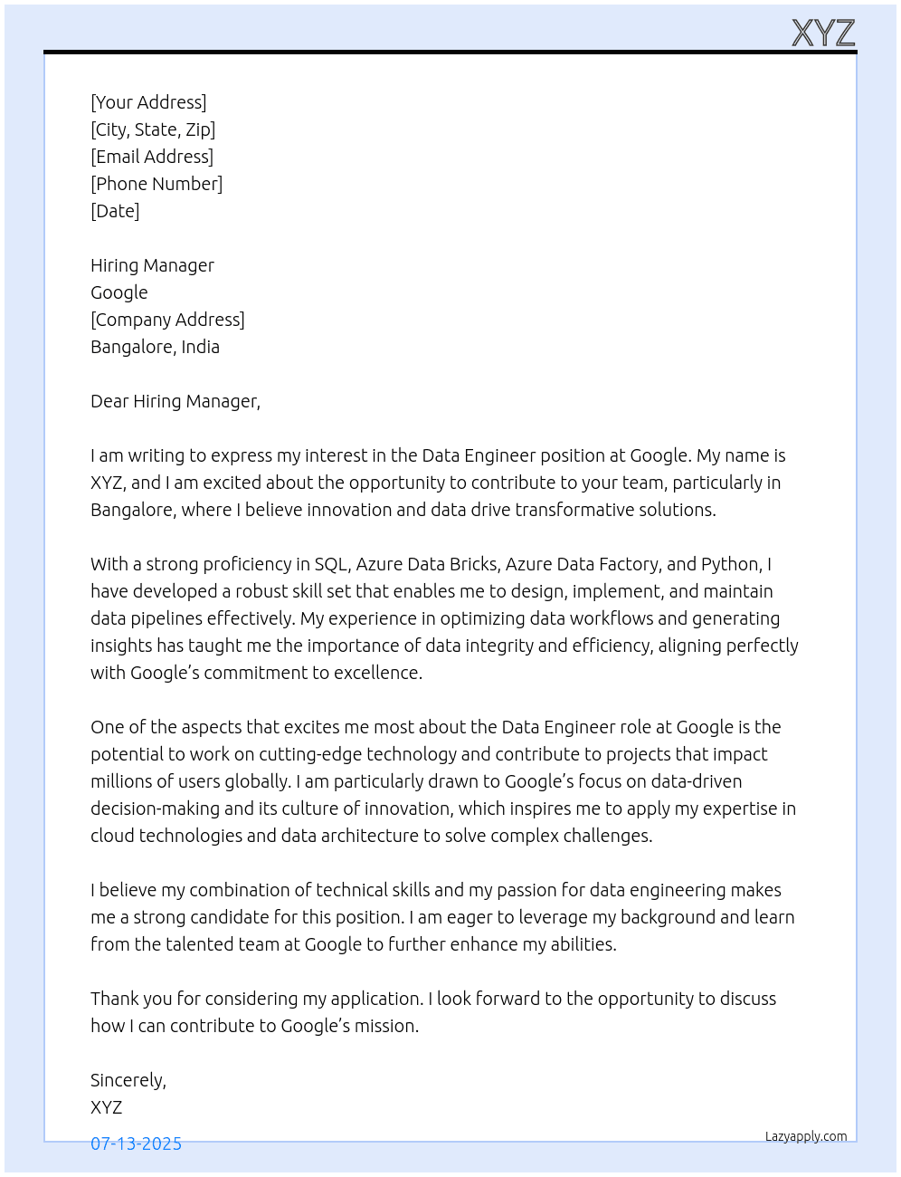 data engineer At google Cover Letter