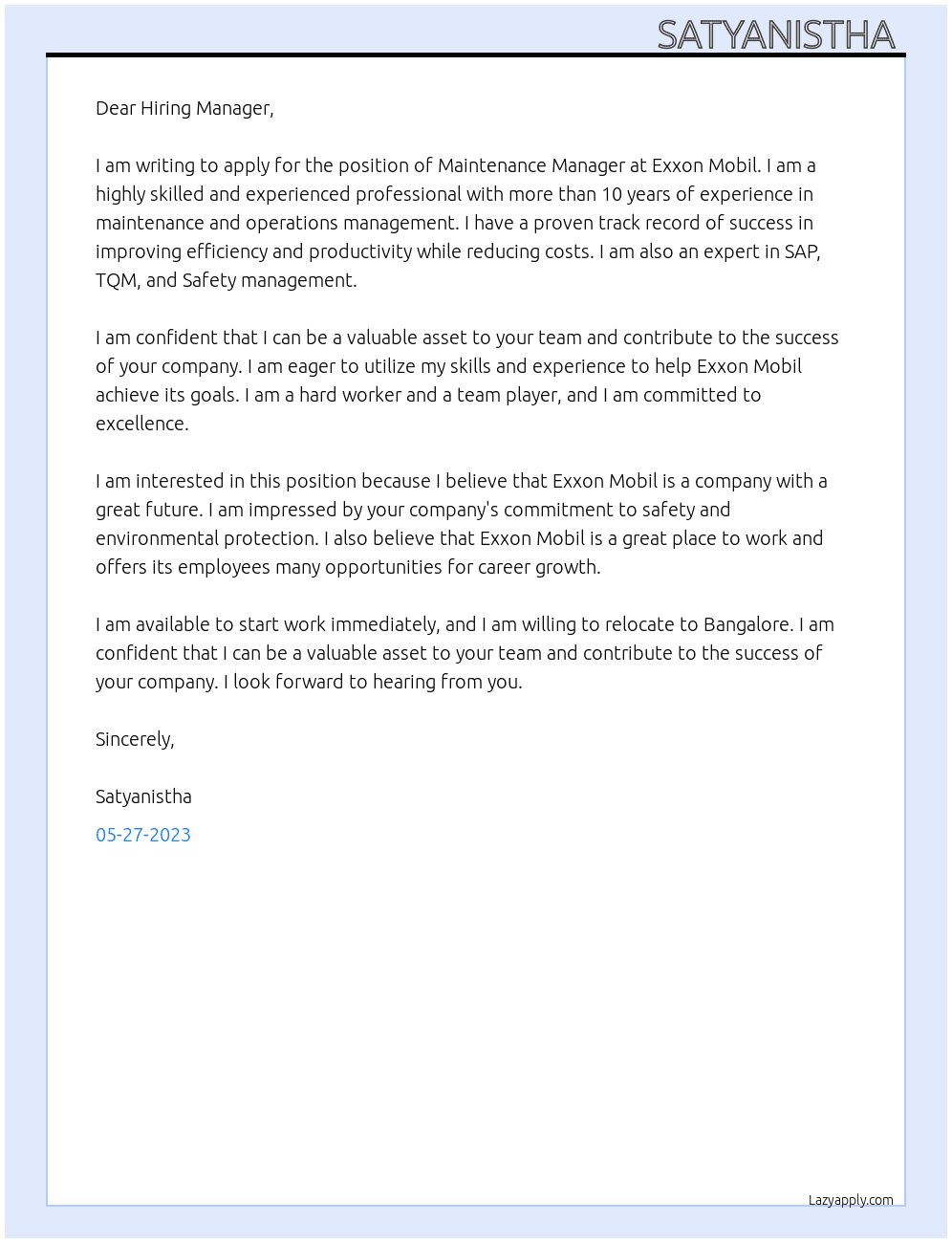 Maintenance Manager  At Exxon Mobil  Cover Letter