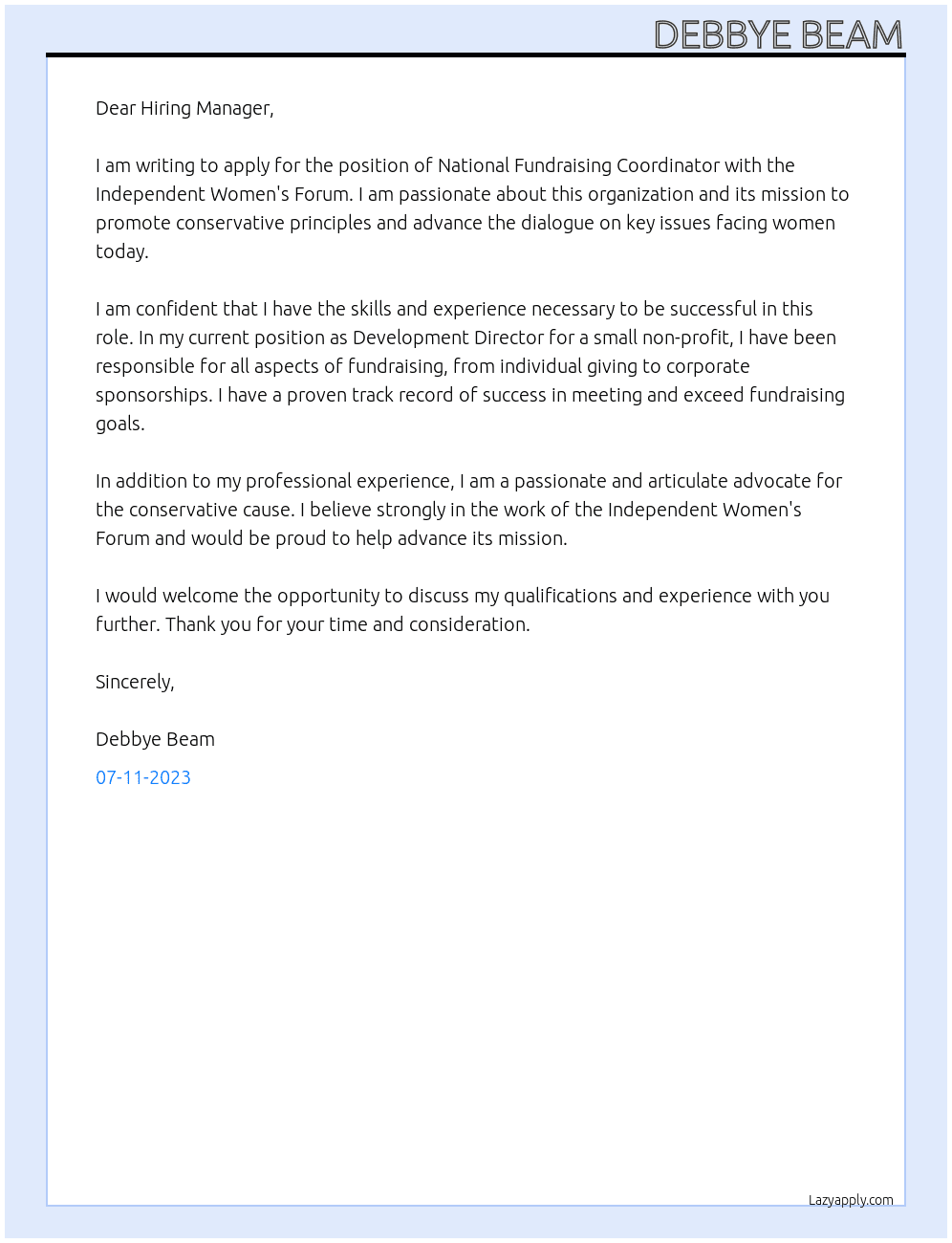 National Fundraising Coordinator At Independent Women's Forum Cover Letter