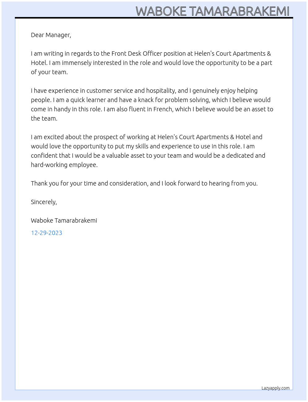 Front desk officer At Helen's Court Apartments & Hotel Cover Letter