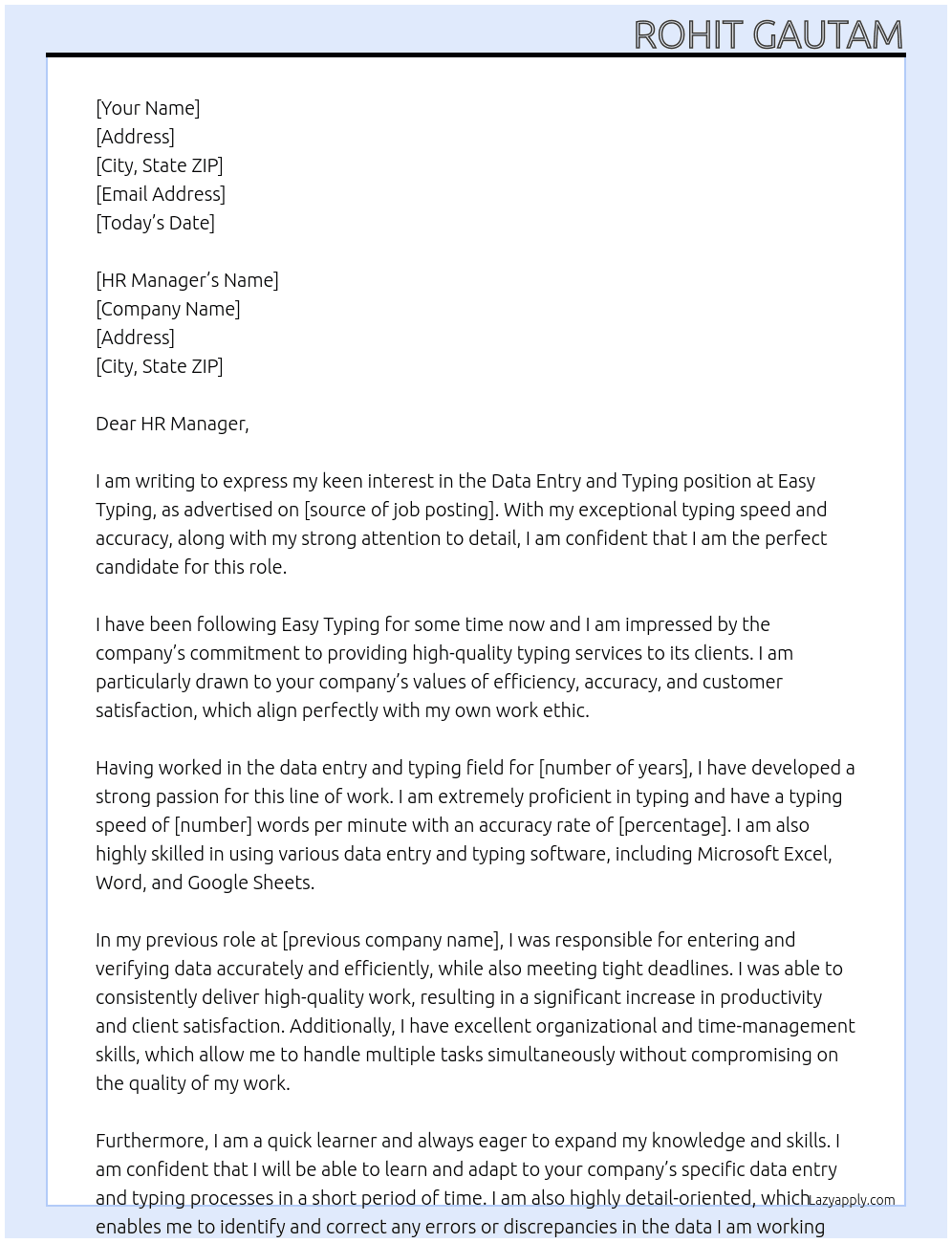 Data Entry and Typing At Easy Typing Cover Letter