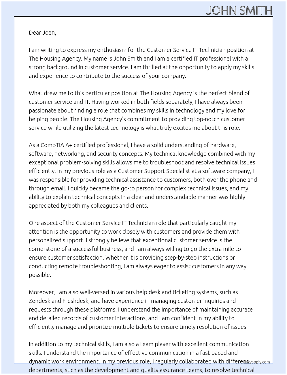 Customer Service IT Technician At The Housing Agency Cover Letter