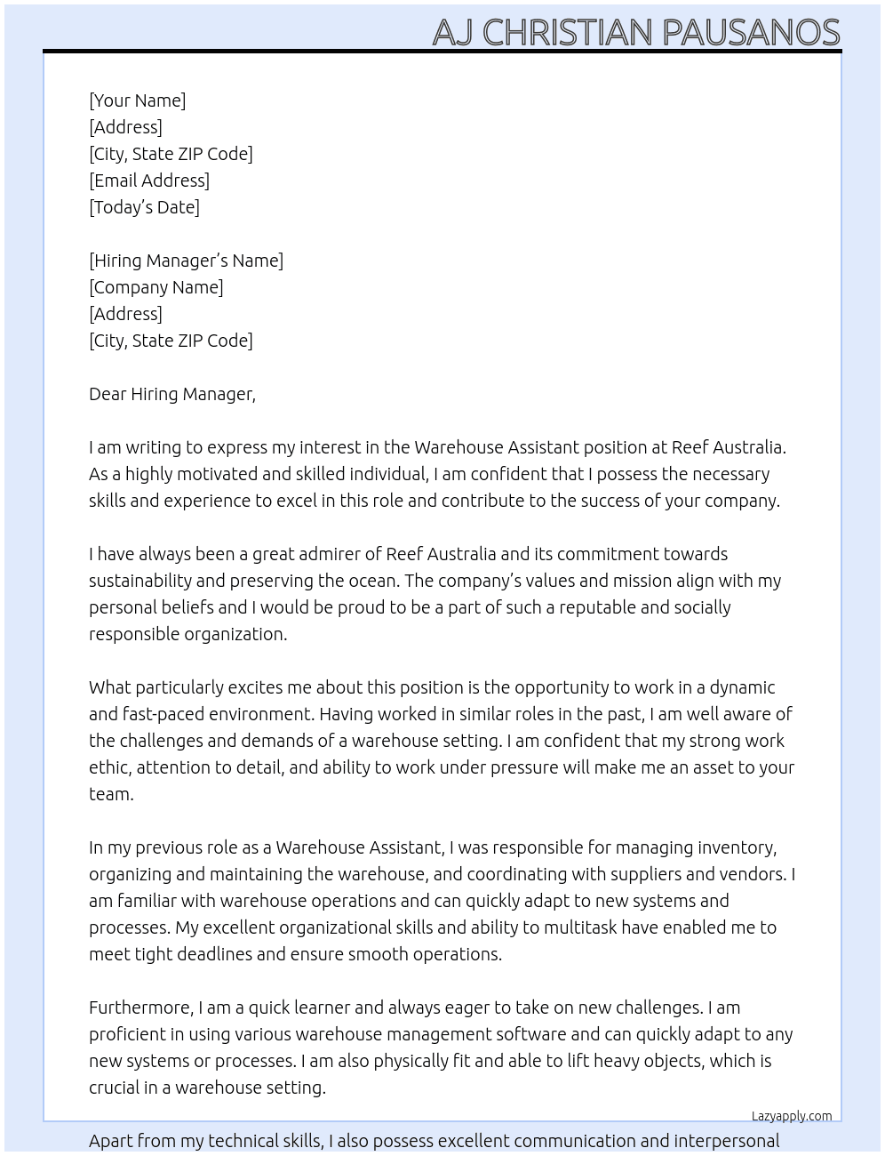 Warehouse Assistant At Reef Australia Cover Letter