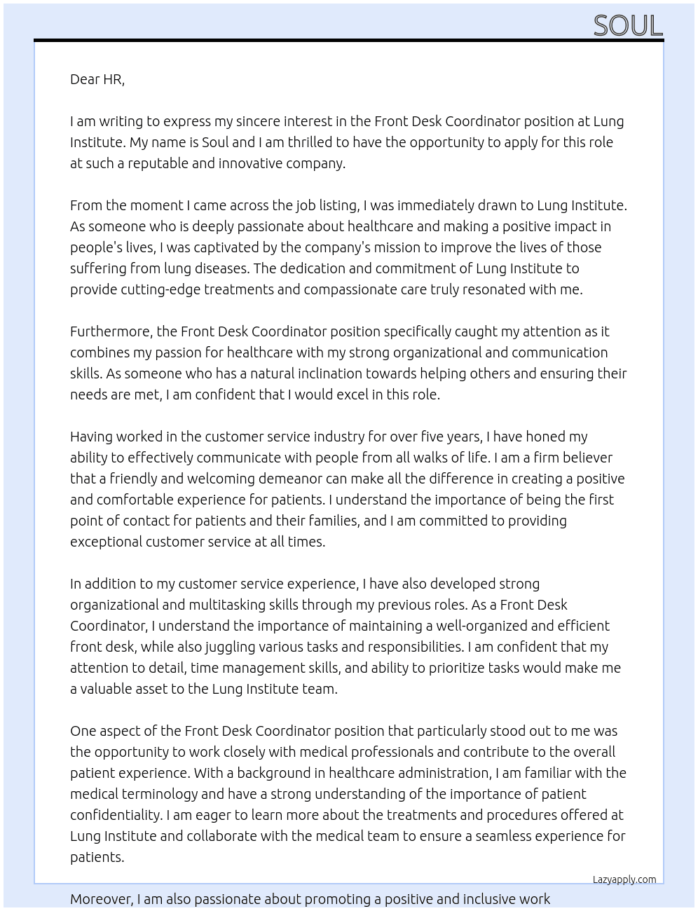 Front desk coordinator At Lung Institute Cover Letter