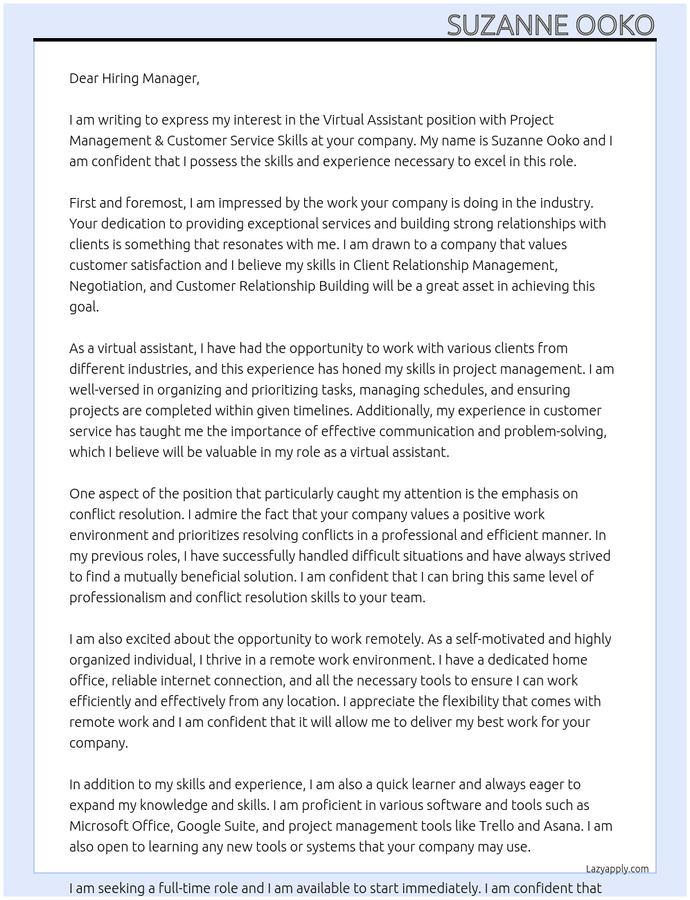 Cover letter for virtual assistant with project management & customer service skills - LazyApply