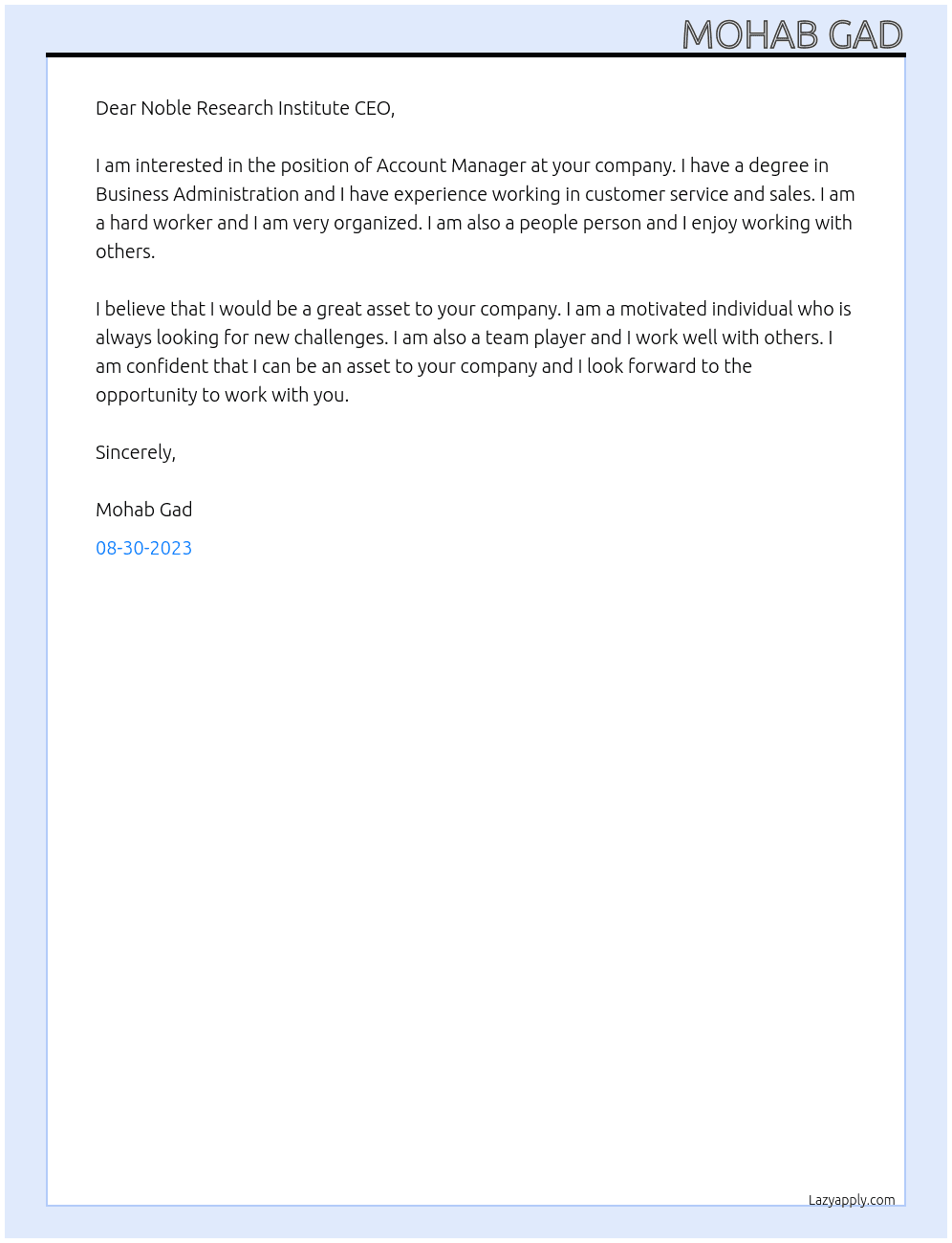 Account Manager At Noble Research Institute Cover Letter