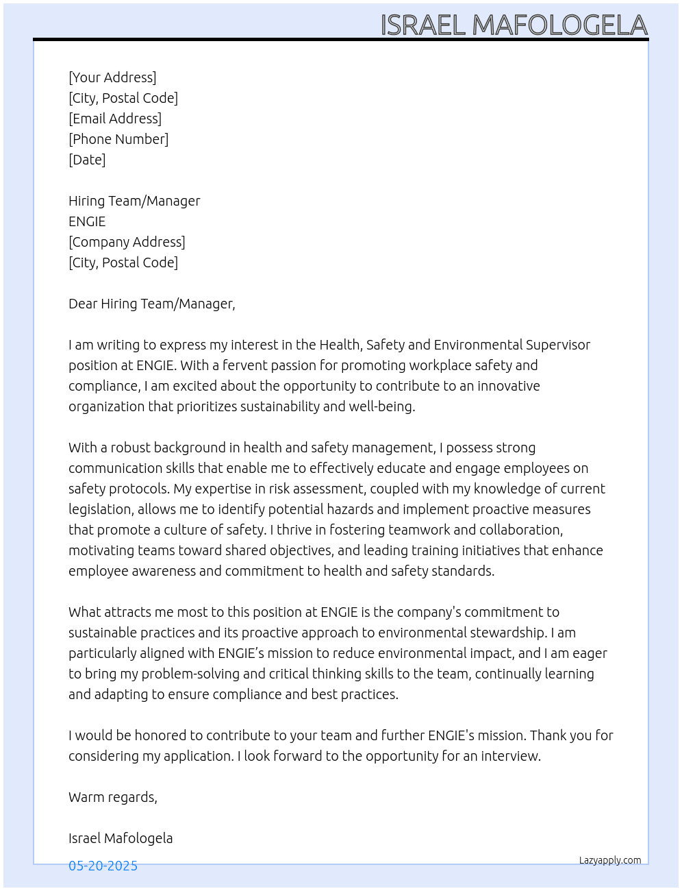 Health, Safety and Environmental Supervisor At ENGIE Cover Letter