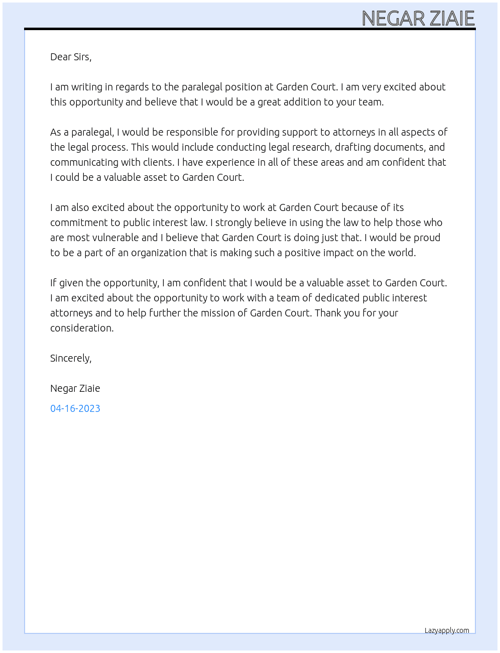 Paralegal  At Garden Court  Cover Letter