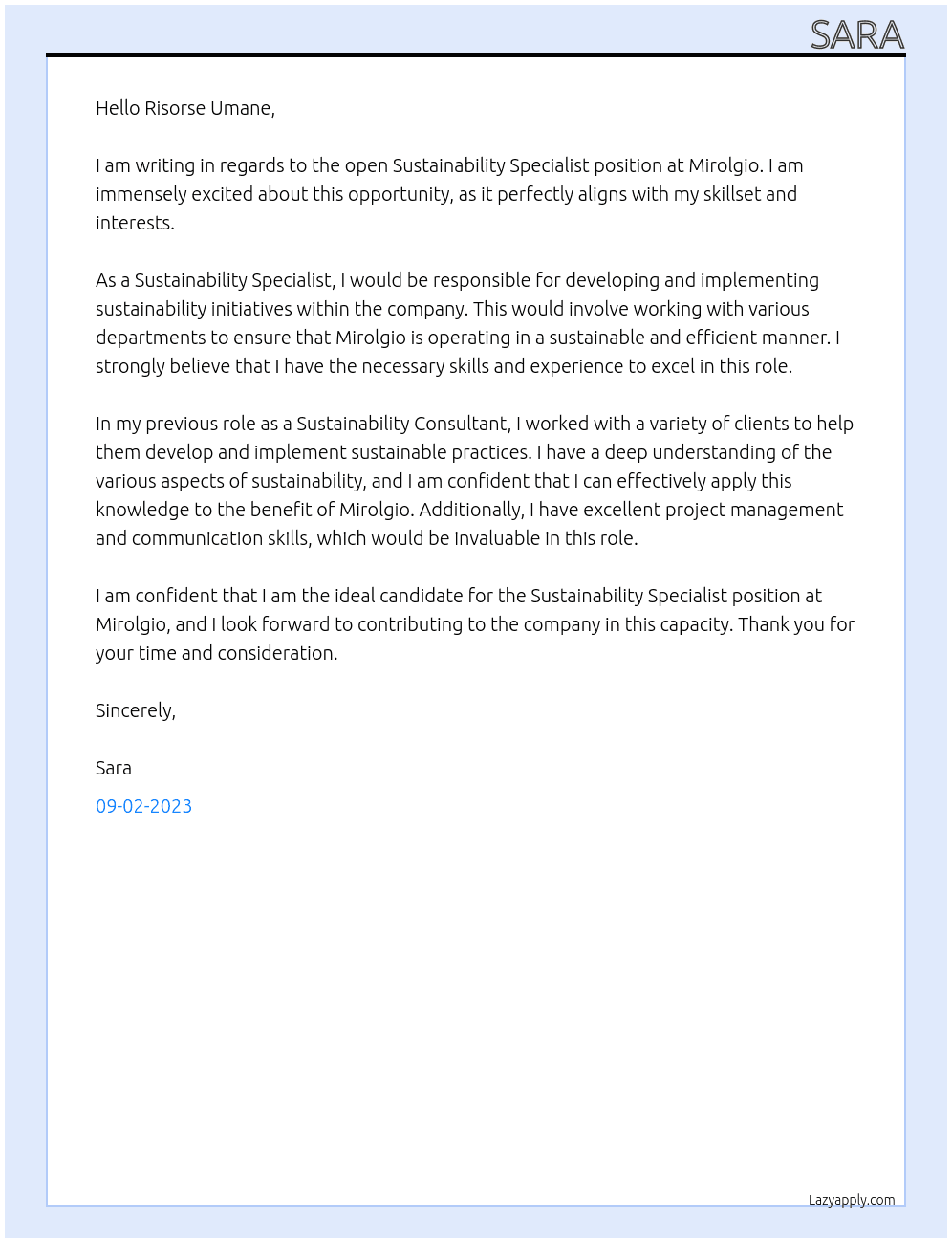 Sustainability Specialist At mirolgio Cover Letter