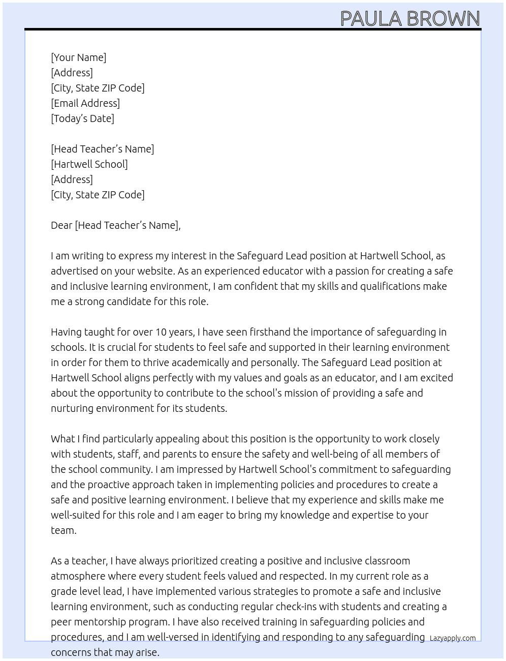 Safeguard Lead At Hartwell school Cover Letter